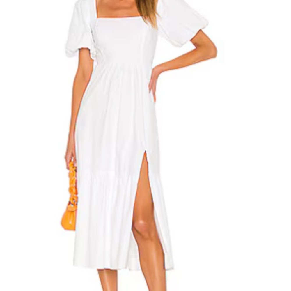 Astr White Midi Dress with Puff Sleeves and Side Slit